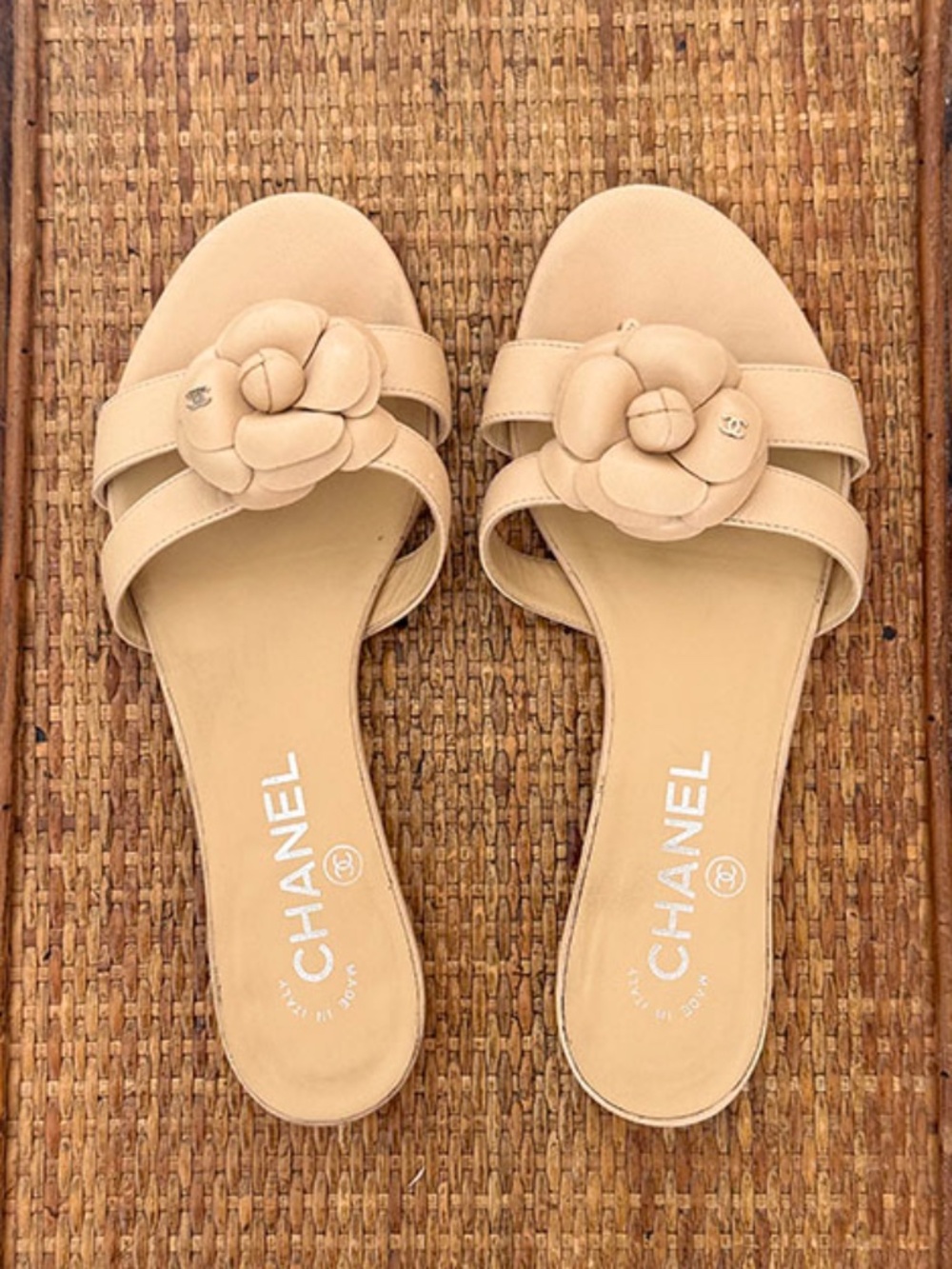 CHANEL Beige Camellia Slide Sandals